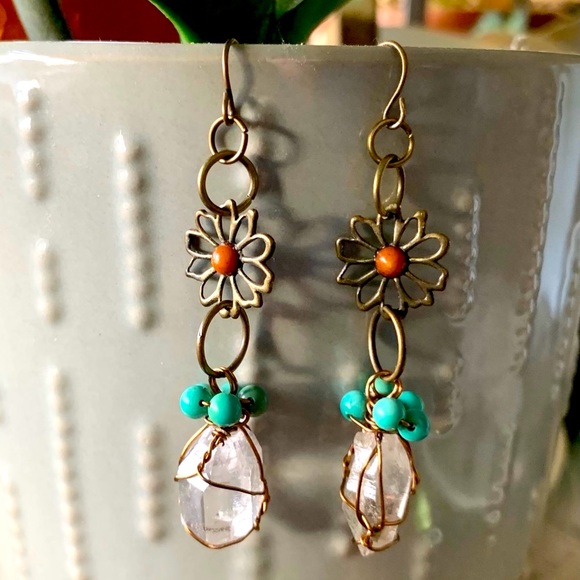Hand Crafted Jewelry - Quartz & Turquoise Brass Flower Earrings